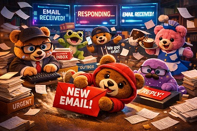 Bearverse characters scrambling to respond to an email